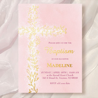 Invitation En Aluminium aquarelle rose blanc croix dorée Baptême