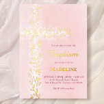 Invitation En Aluminium aquarelle rose blanc croix or Baptême<br><div class="desc">véritables détails du film Invitation au baptême</div>