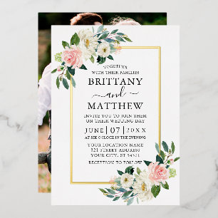 Invitation En Aluminium Aquarelle Rose Blanc Floral Photo Mariage Or