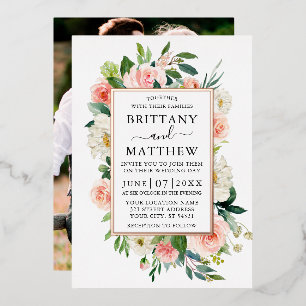 Invitation En Aluminium Aquarelle rose blanc Rose photo or