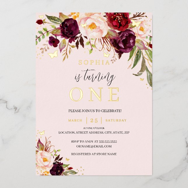Invitation En Aluminium Aquarelle rose Bourgogne Florale fille 1er anniver (Recto)