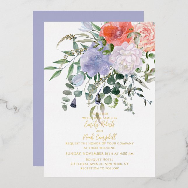 Invitation En Aluminium Aquarelle rose et bleu floral Mariage or (Recto/Verso)