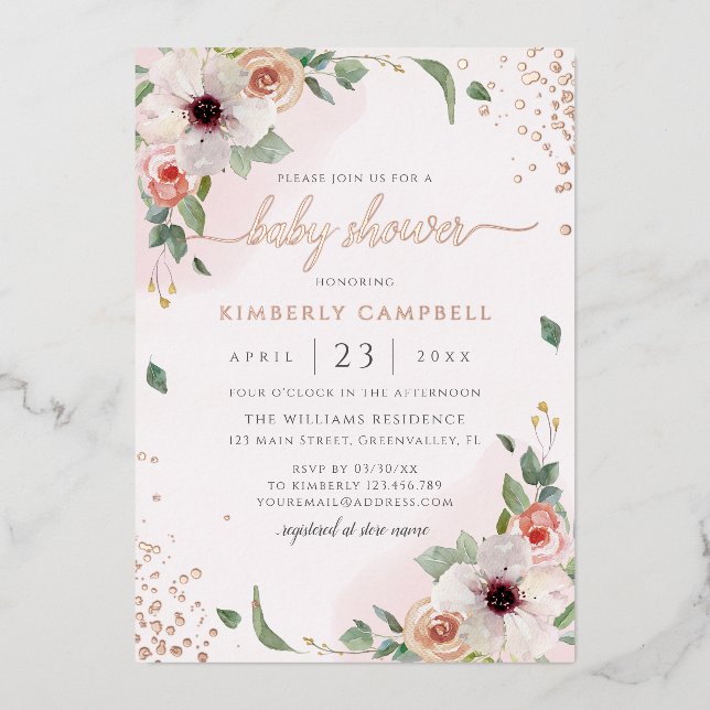 Invitation En Aluminium Aquarelle rose Floral Girl Baby shower (Recto)