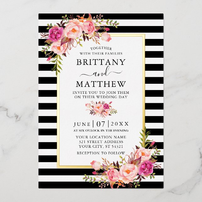 Invitation En Aluminium Aquarelle rose floral rayé Mariage or (Recto)