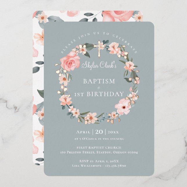 Invitation En Aluminium Aquarelle Rose Floral Wreath Baptême 1er anniversa (Recto/Verso)