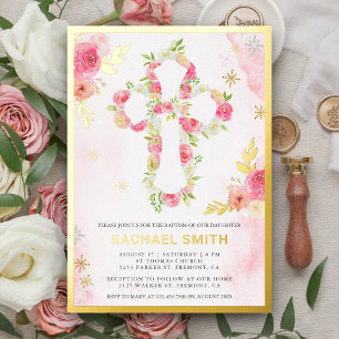 Invitation En Aluminium Aquarelle rose florale Baptême or