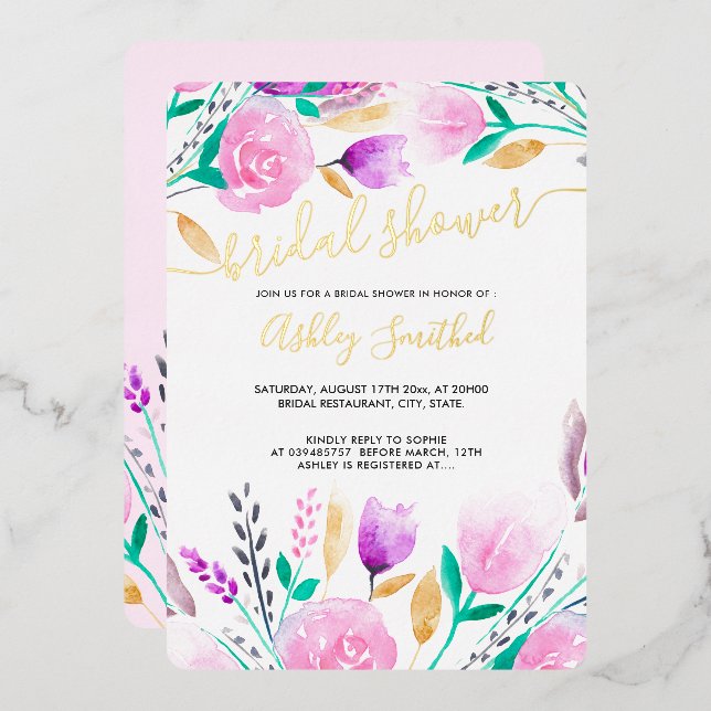 Invitation En Aluminium Aquarelle rose moderne couleur rose nuptiale douch (Recto/Verso)