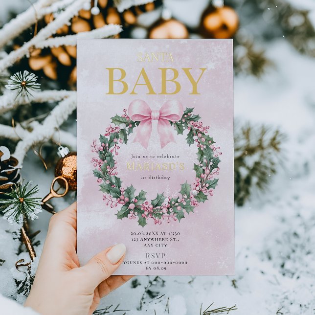 Invitation En Aluminium aquarelle rose Noël Père Noël 1er anniversaire (Créateur téléchargé)