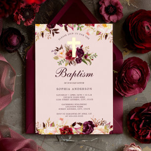 Invitation En Aluminium Aquarelle rose or Bourgogne florale Baptême