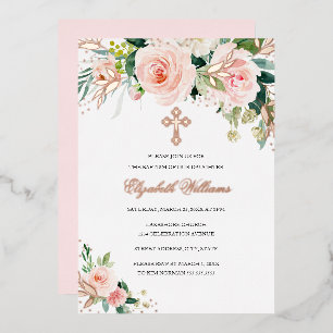 Invitation En Aluminium Aquarelle rose or rose Floral Girl Baptême