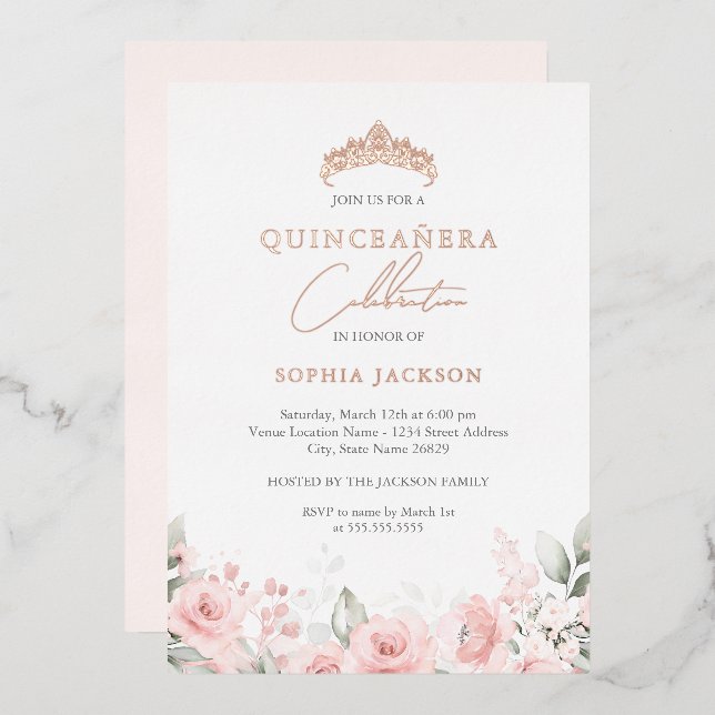 Invitation En Aluminium Aquarelle rose or rose Quinceanera (Recto/Verso)