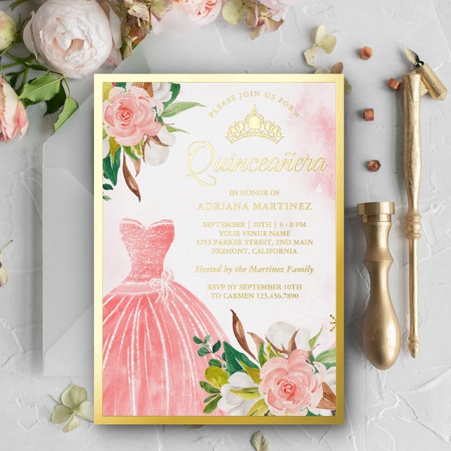 Invitation En Aluminium Aquarelle rose pâle Floral Gown Quinceanera Or (Créateur téléchargé)