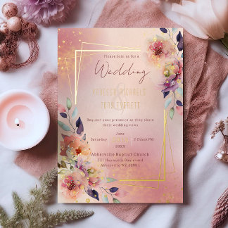 Invitation En Aluminium Aquarelle rose pâle Floral Rose Gold Frame