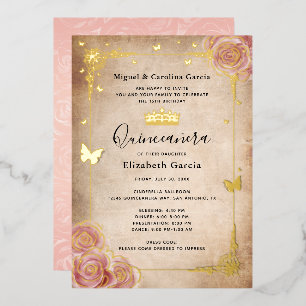 Invitation En Aluminium Aquarelle rose pâle Rose or Quinceañera