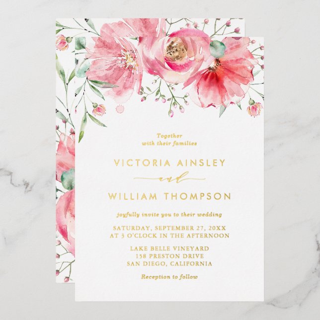 Invitation En Aluminium Aquarelle rose romantique Rose Mariage floral (Recto/Verso)