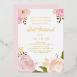 Invitation En Aluminium Aquarelle rose rose pâle Bat mitzvah floral<br><div class="desc">Famille d'Invitations et amis à votre événement avec cette invitation personnalisable Bat mitzvah de feuille d'or. Il présente des illustrations d'aquarelle de roses, de pivoines, de respiration de bébé, de verdure et de brindilles. Personnalisez cette invitation de Bat mitzvah rose pâle en ajoutant vos propres détails. Cette invitation de Bat...</div>