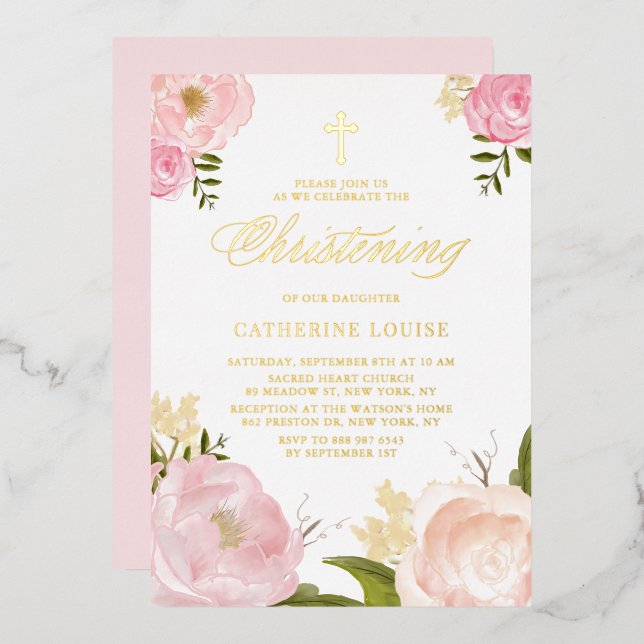 Invitation En Aluminium Aquarelle rose rose rose pivoine rose Christening  (Recto/Verso)