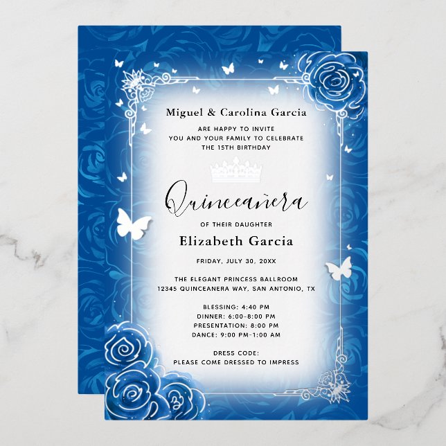 Invitation En Aluminium Aquarelle Royal Blue Floral Quinceañera Argent (Recto/Verso)