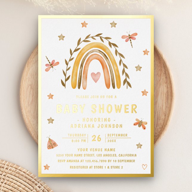 Invitation En Aluminium Aquarelle rustique Earthy Rainbow Baby shower Or (Créateur téléchargé)
