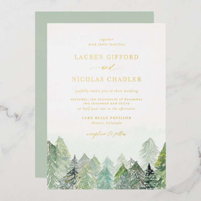 Invitation En Aluminium Aquarelle Snowy Woodland Mariage d'hiver (Recto/Verso)