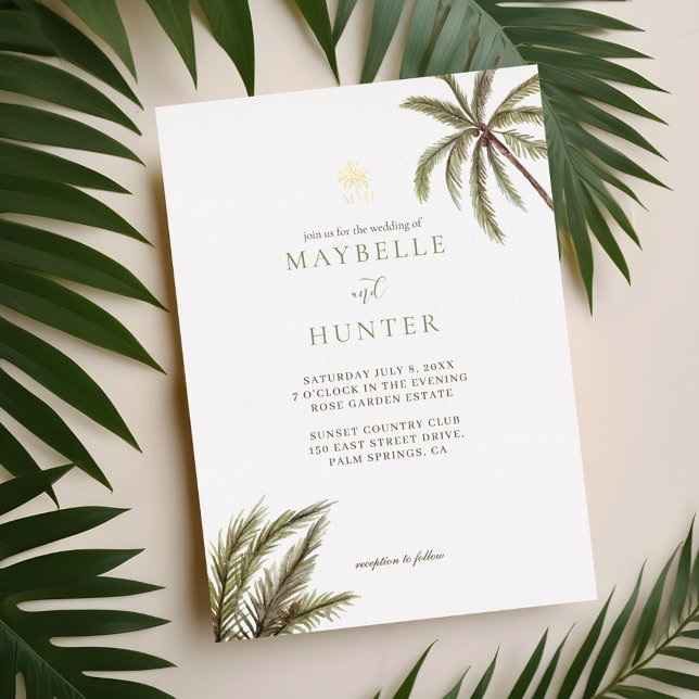 Invitation En Aluminium Aquarelle tropicale Palmiers Boho Mariage Photo (Tropical Watercolor Palm Trees Boho Wedding Photo Foil Invitation)
