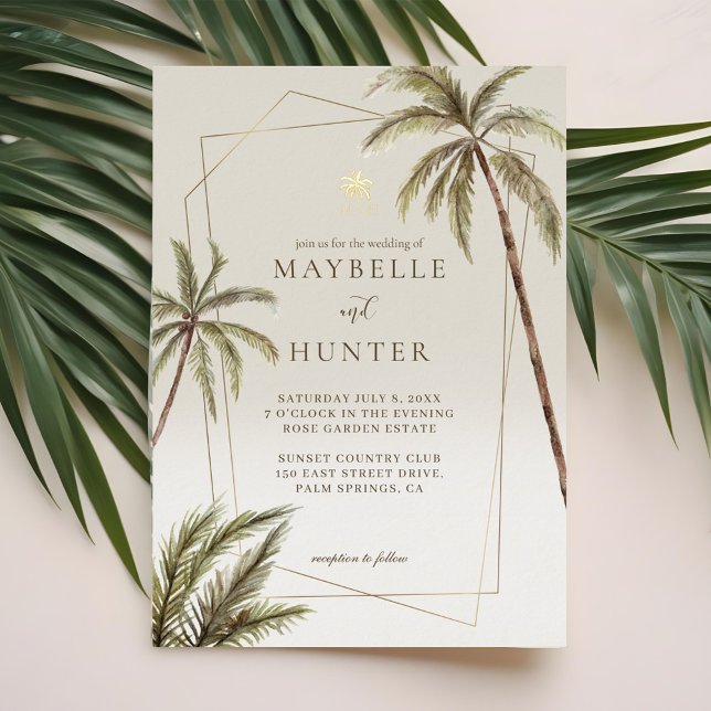 Invitation En Aluminium Aquarelle tropicale Palmiers Mariage bohème (Tropical Watercolor Palm Trees Bohemian Wedding Foil Invitation)