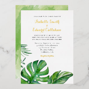 Invitation En Aluminium Aquarelle tropicale Vert Monstera Feuille Mariage