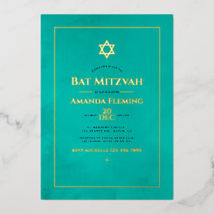 Invitation En Aluminium Aquarelle turquoise et or Bat mitzvah Photo Fo