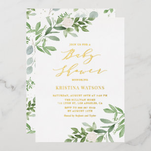 Invitation En Aluminium Aquarelle Verdure et Baby shower Floral blanc