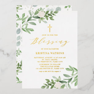 Invitation En Aluminium Aquarelle Verdure et Fleur Blanche Blessing bébé