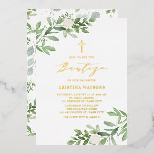 Invitation En Aluminium Aquarelle Verdure et fleurs blanches Bautizo