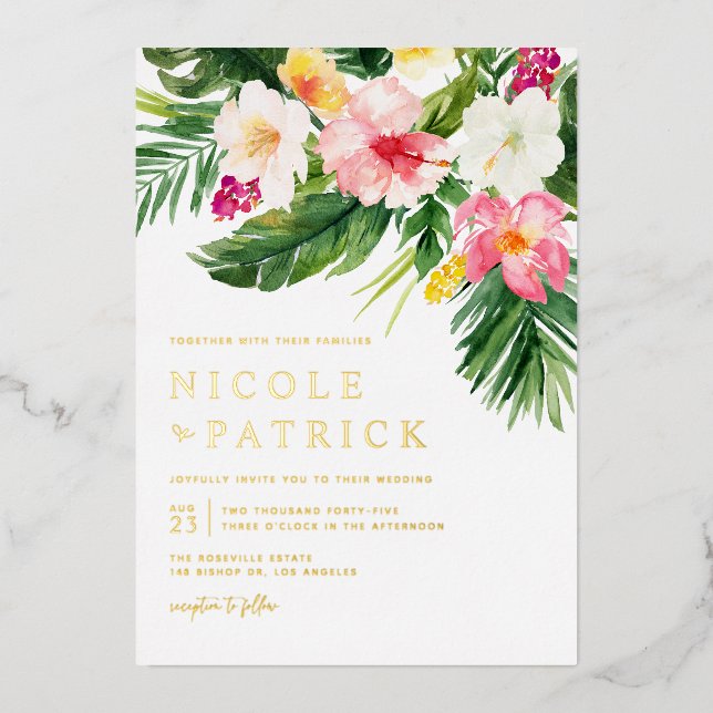Invitation En Aluminium Aquarelle Verdure et fleurs Mariage tropical (Recto)