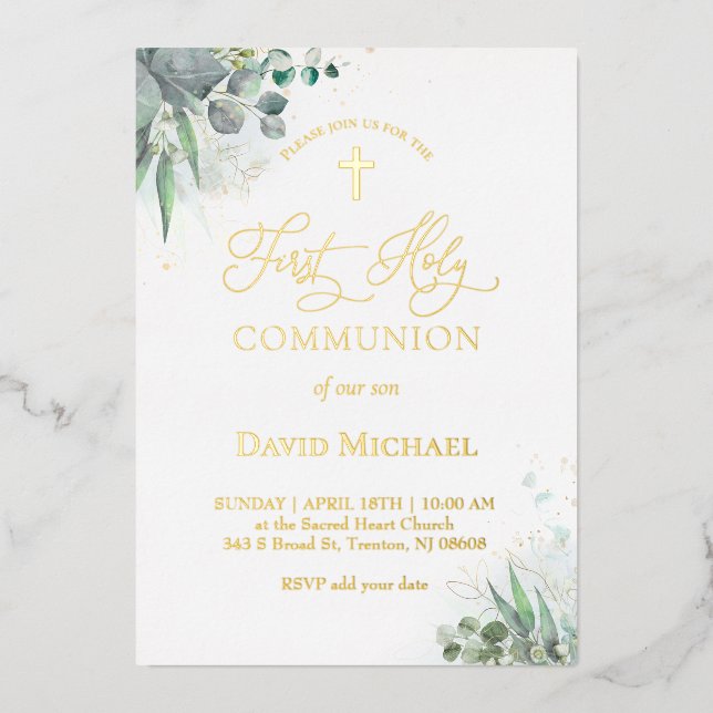 Invitation En Aluminium aquarelle verdure feuillage | Première Communion  (Recto)