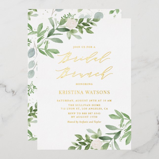Invitation En Aluminium Aquarelle Verdure Fleurs blanches Brunch nuptial (Recto/Verso)
