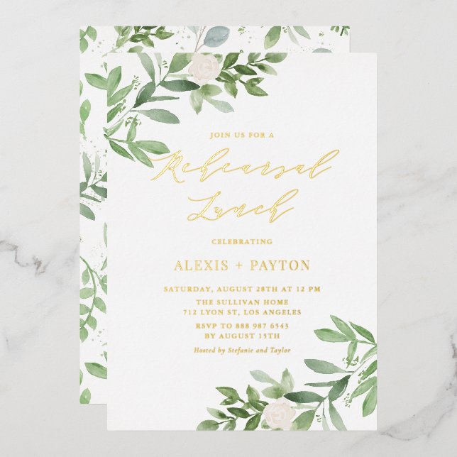 Invitation En Aluminium Aquarelle Verdure Fleurs blanches Déjeuner de répé (Recto/Verso)