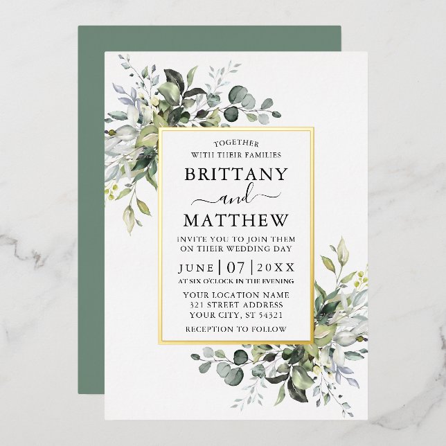 Invitation En Aluminium Aquarelle Verdure Mariage Sage Vert Or (Recto/Verso)