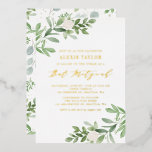 Invitation En Aluminium Aquarelle vert et fleurs blanches Bat mitzvah<br><div class="desc">Famille Invitation et amis avec cette feuille d'or verdoyante pressé invitation bat mitzvah. Cette invitation bat mitzvah présente des illustrations aquarelles de feuillage vert et de fleurs blanches et motif de verdure assortie. Personnalisez en ajoutant les noms, la date, l'heure, le lieu et d'autres détails de l'événement. Cette invitation bat...</div>