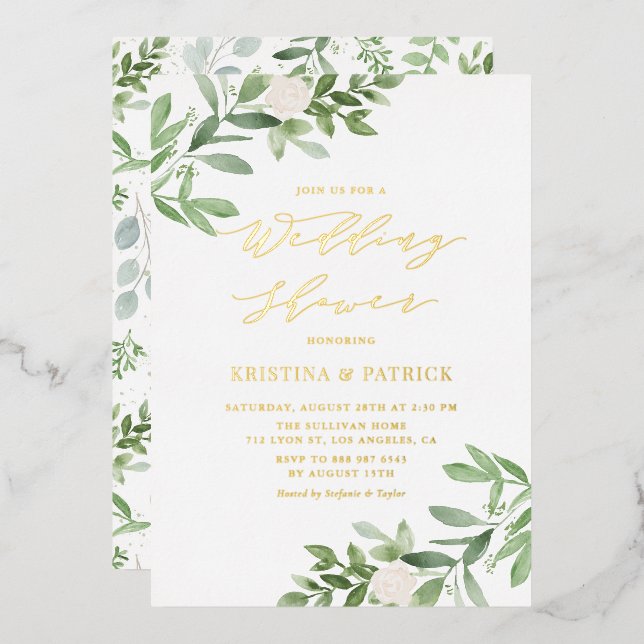 Invitation En Aluminium Aquarelle vert Wedding shower de fleurs blanches (Recto/Verso)