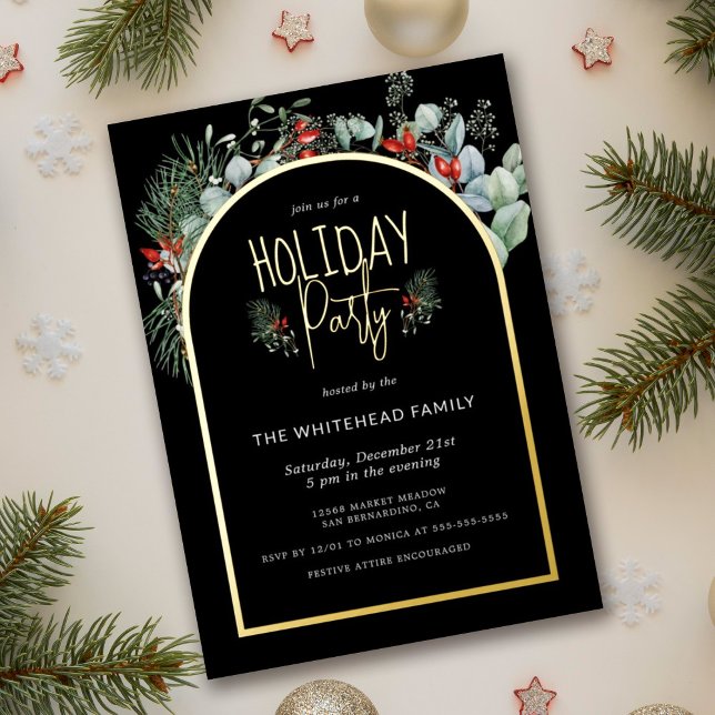 Invitation En Aluminium Aquarelle verte Berry Noël fête Noir (You will love these beautiful Holiday Party invitation! They feature botanical watercolor arch.)