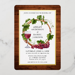 Invitation En Aluminium Aquarelle Vignes Vins Wreath Bois Mariage Or