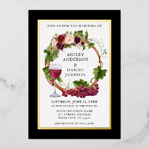 Invitation En Aluminium Aquarelle Vins de raisin Floral Wreath Black Gold