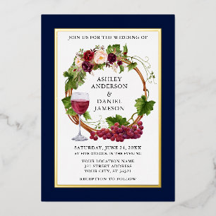 Invitation En Aluminium Aquarelle Vins de raisin Floral Wreath Blue Gold