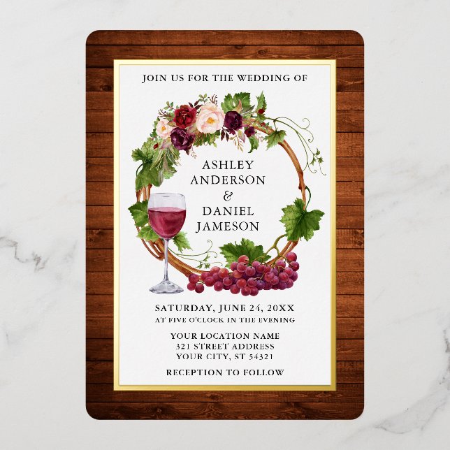 Invitation En Aluminium Aquarelle Vins de raisin Floral Wreath Bois Or (Recto)