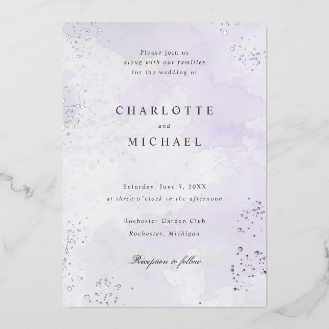 Invitation En Aluminium Aquarelle violette argent feuille mariage (Recto)