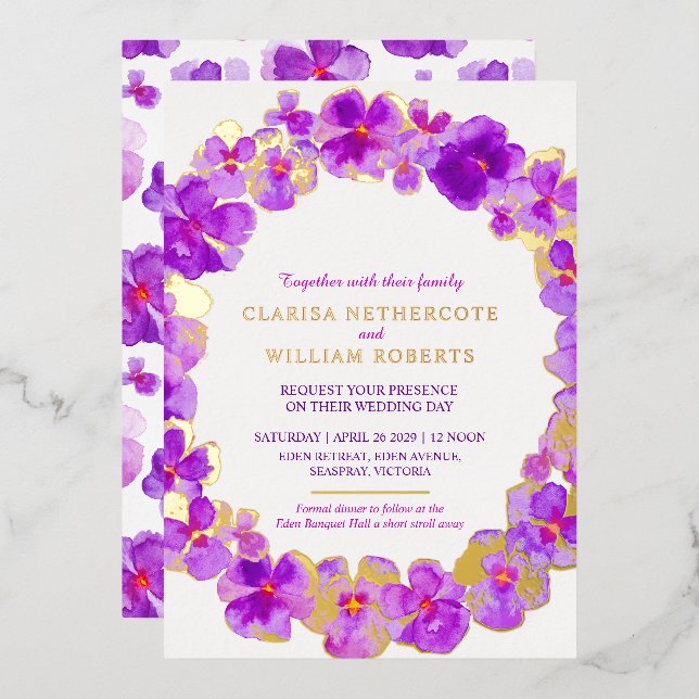 Invitation En Aluminium Aquarelle violette couleur mariage or (Recto/Verso)
