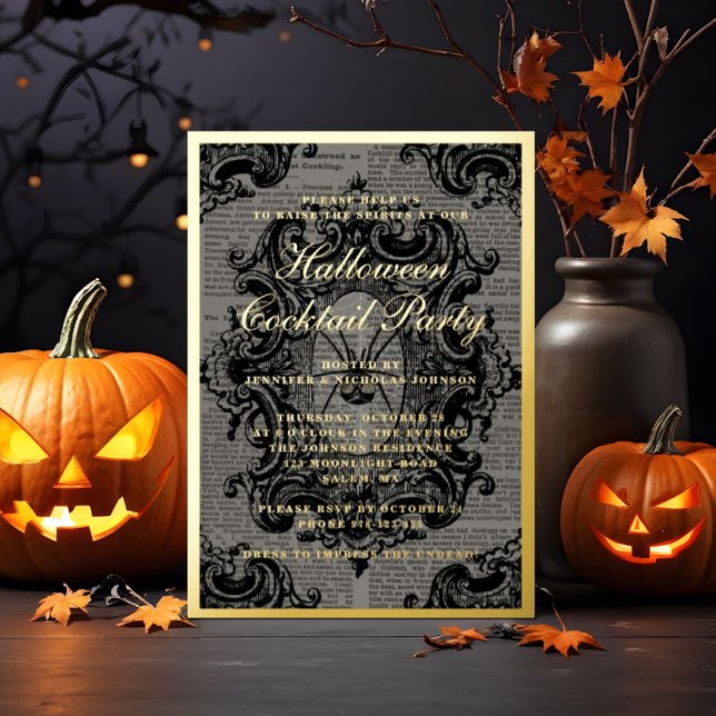Invitation En Aluminium Araignée gothique Halloween Cocktail Party Gold (Gothic Spider Halloween Cocktail Party Gold Foil Invitation)