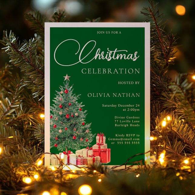 Invitation En Aluminium Arbre de fête Party de Noël Vert & Argent (Créateur téléchargé)