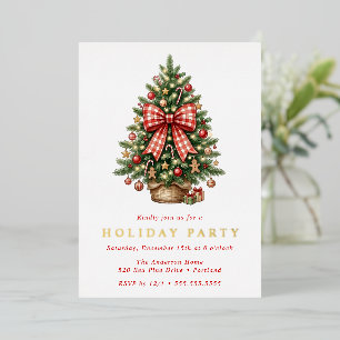 Invitation En Aluminium Arbre de Noël à l'aquarelle avec ruban Gingham rou