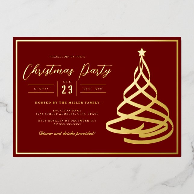 Invitation En Aluminium Arbre de Noël élégant rouge doré pour la fête de N (Recto)