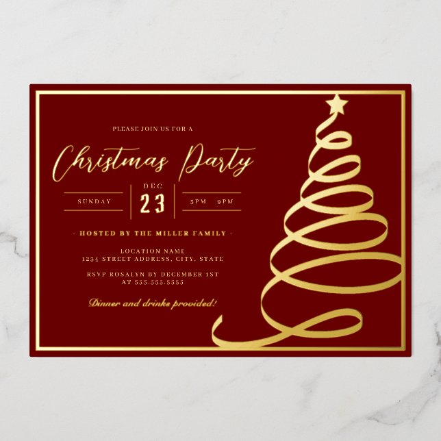 Invitation En Aluminium Arbre de Noël élégant rouge or fête de Noël (Recto)